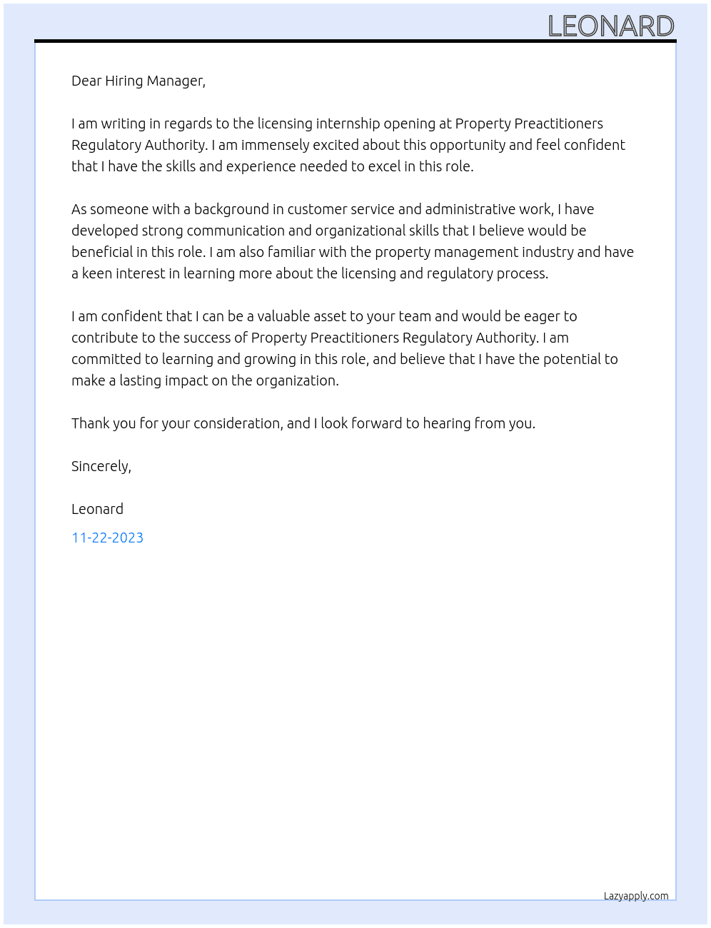 licensing internship At Property Preactitioners Regulatory Authority  Cover Letter