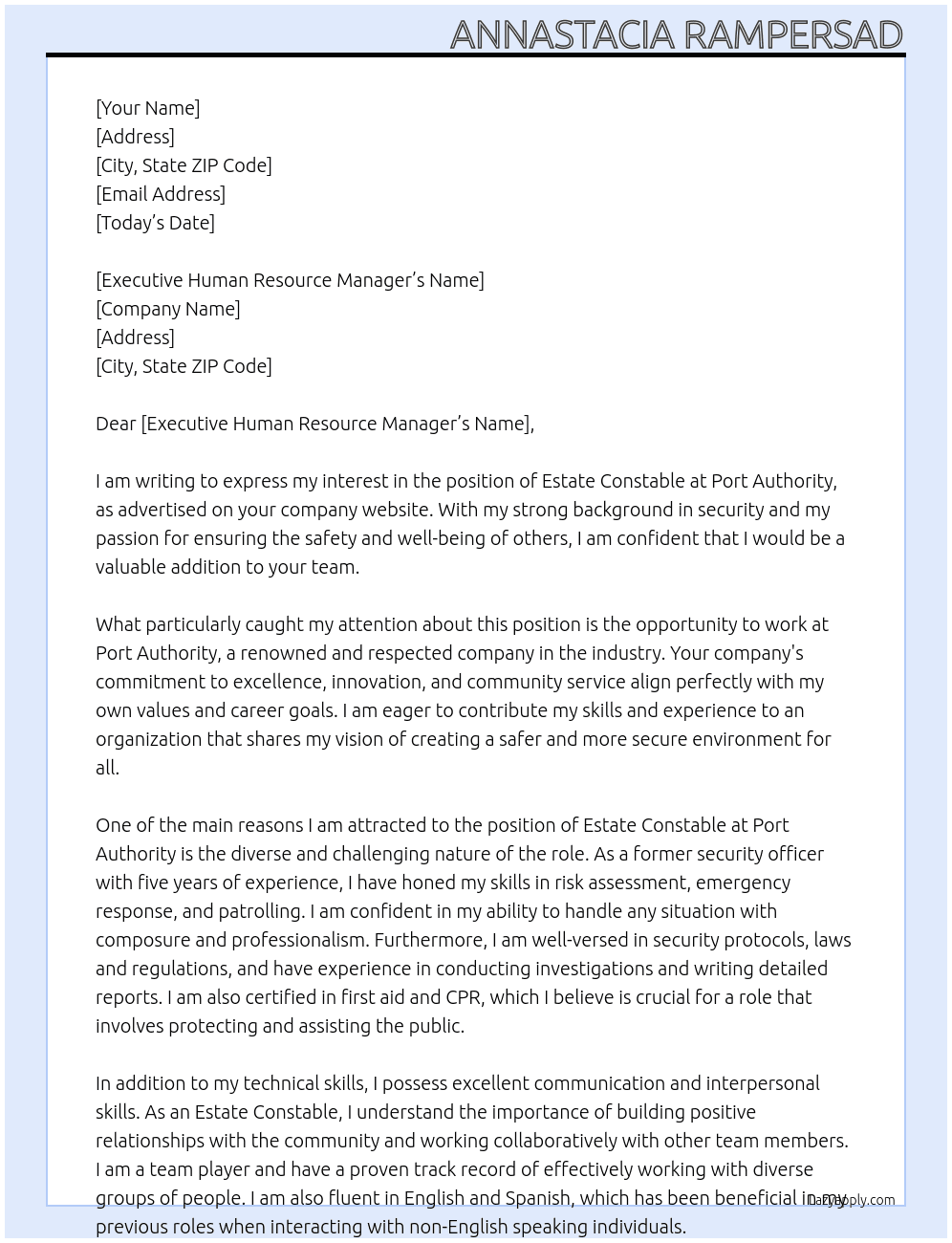 estate constable At Port Authority Cover Letter