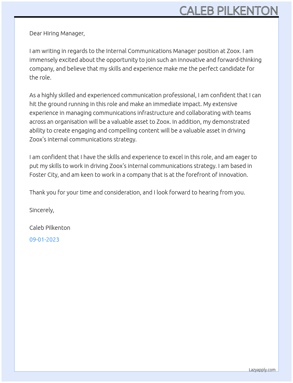 Internal Communications Manager At Zoox Cover Letter