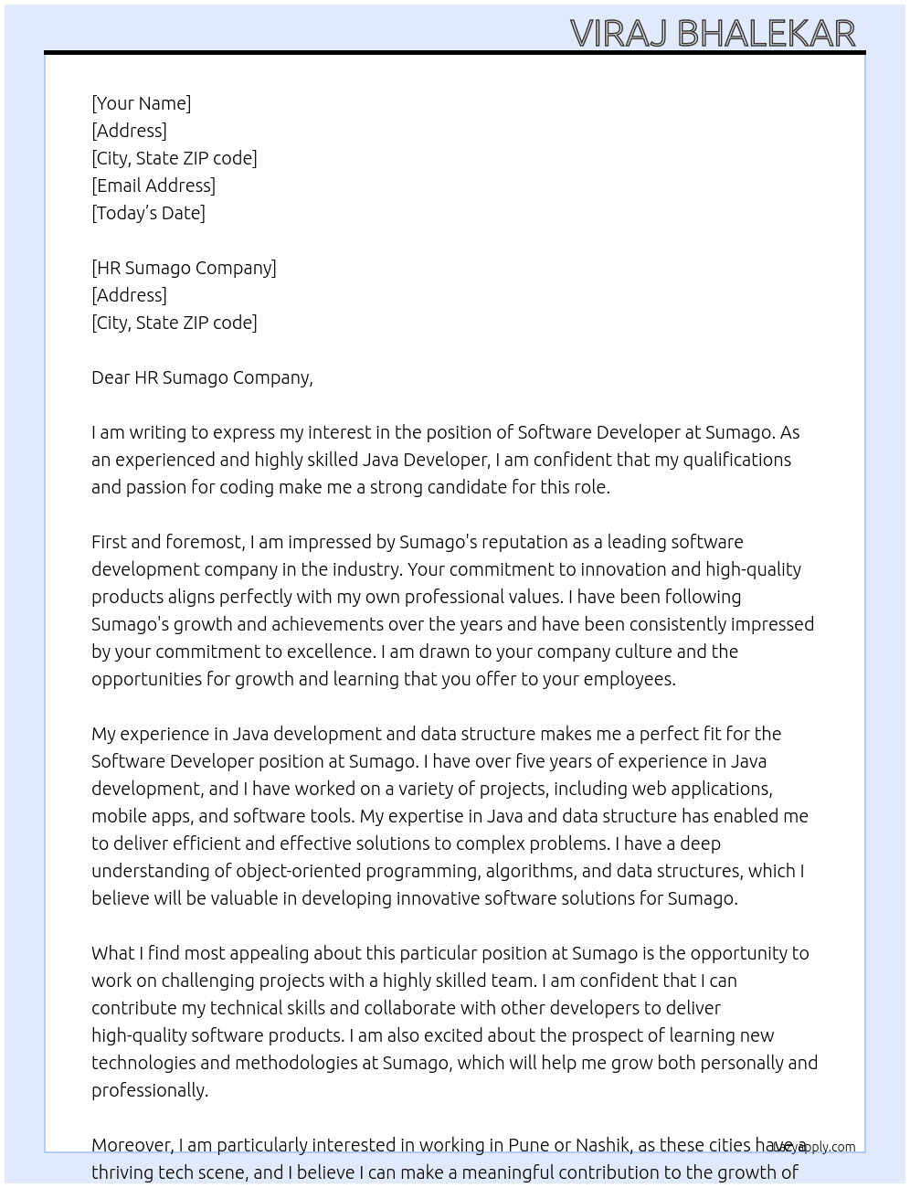Software developer  At Sumago Cover Letter
