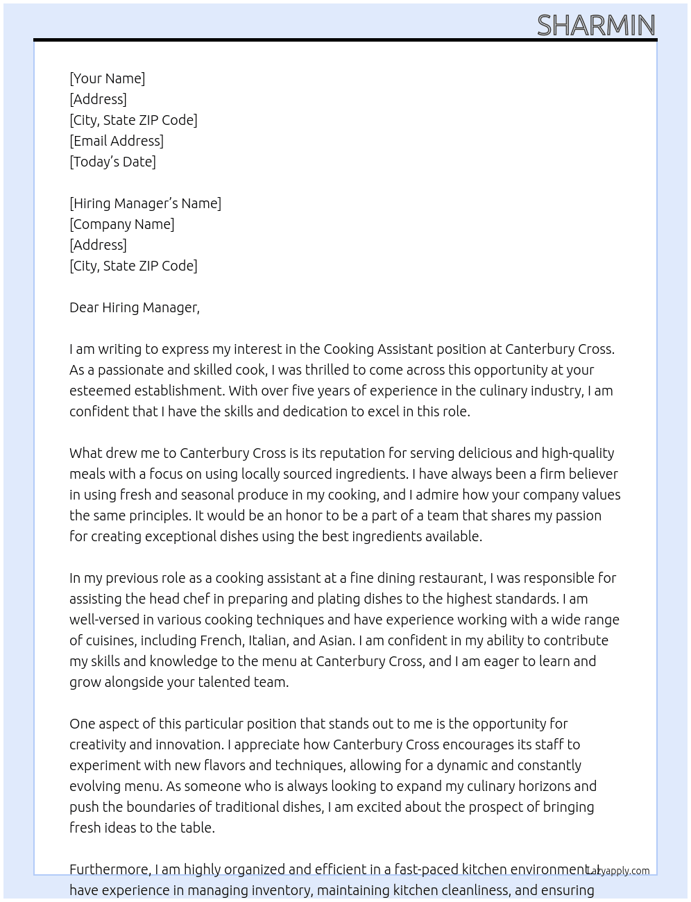 cooking assistant At Canterbury Cross Cover Letter