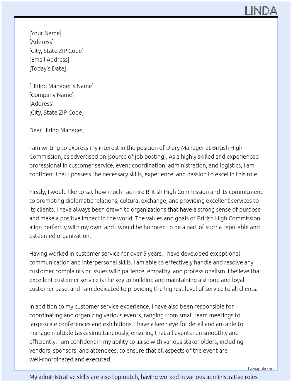 Diary Managaer At British High Commison Cover Letter