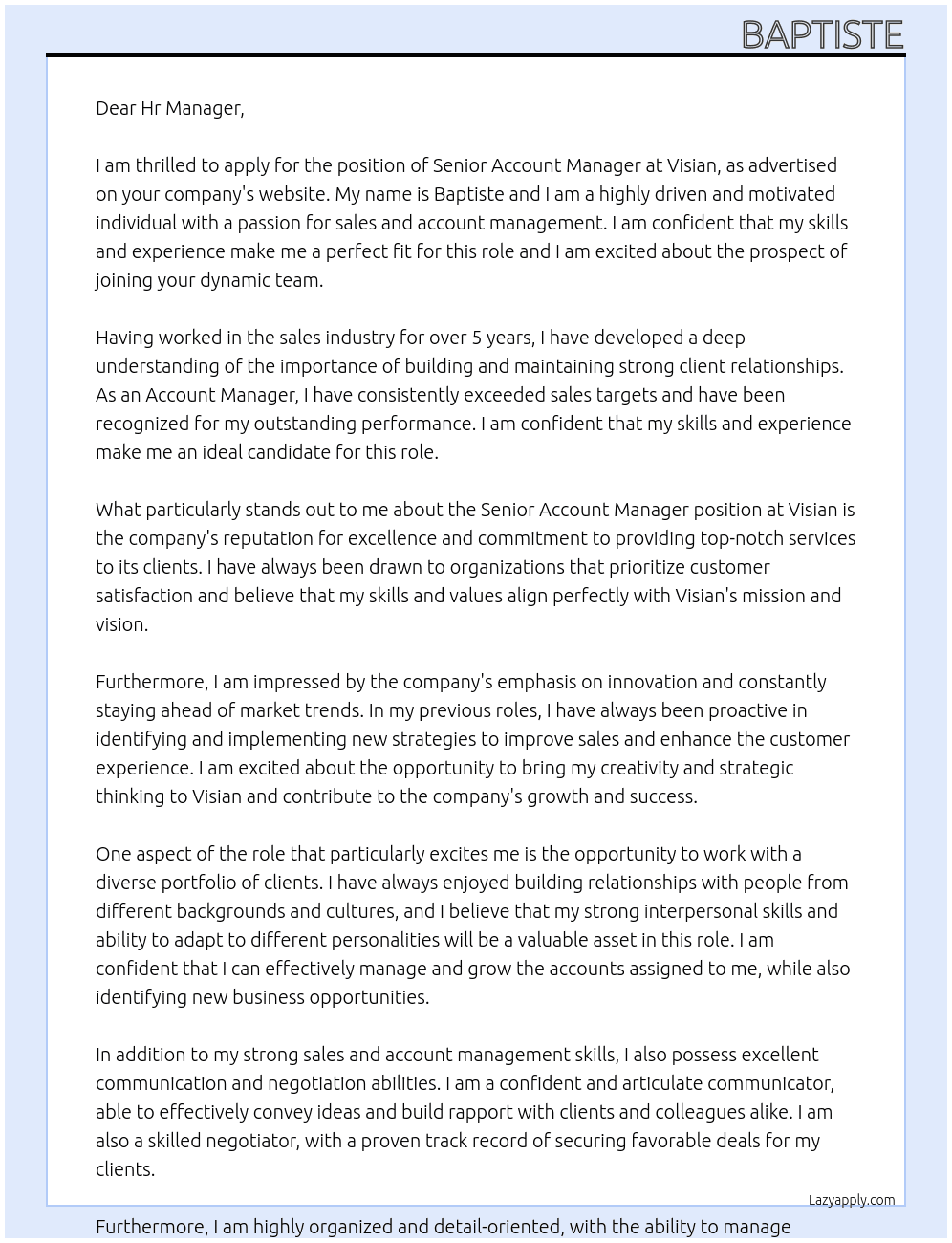 senior account manager At Visian Cover Letter