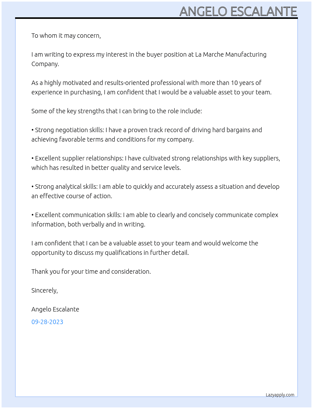 Buyer At La Marche Manufacturing Company  Cover Letter