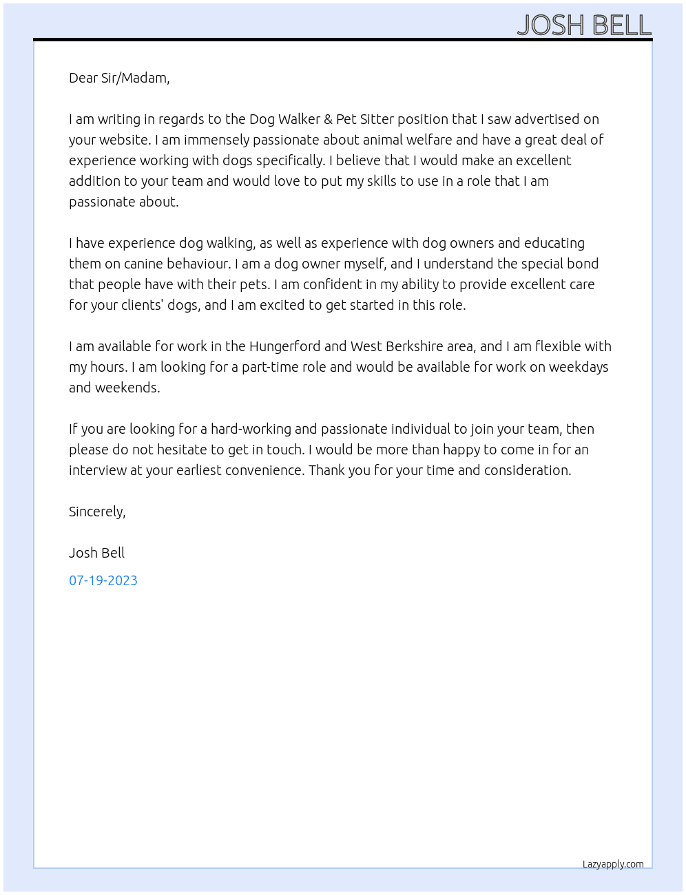 Dog Walker & Pet sitter  At We Love Pets Cover Letter