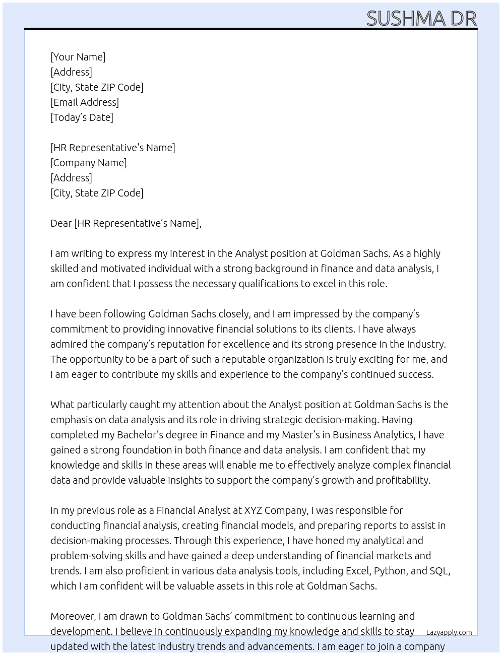 Analyst  At Goldman saches  Cover Letter