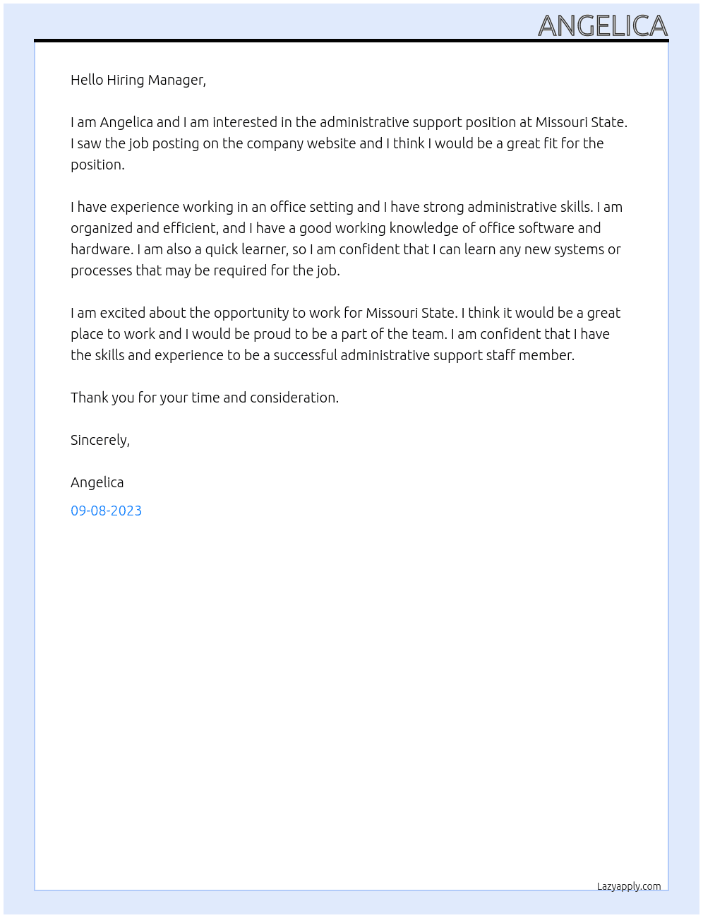 administrative support At Missouri State Cover Letter