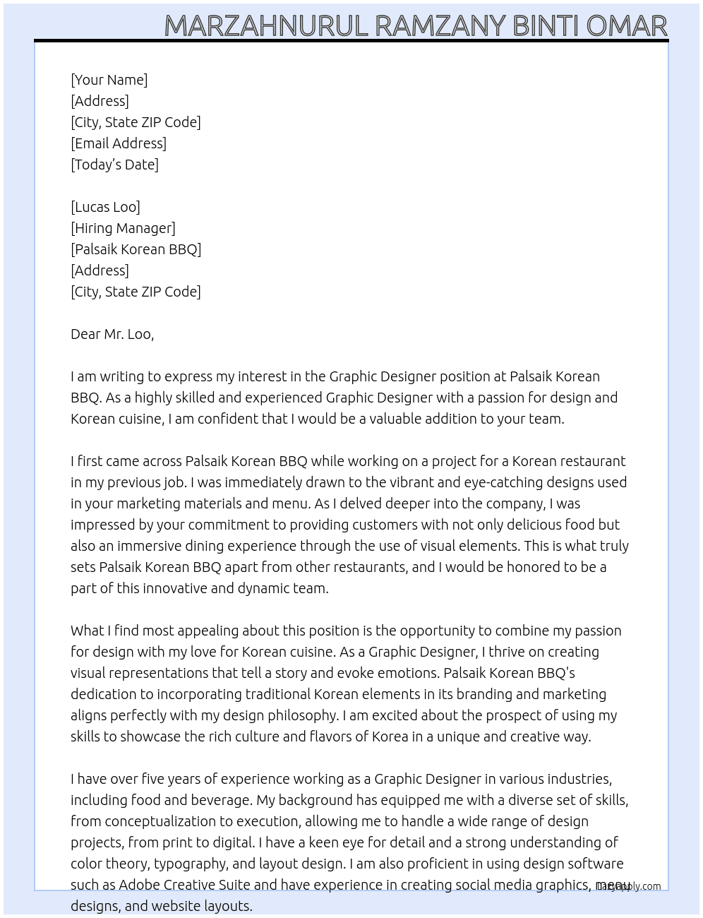 Graphic Designer At Palsaik Korean BBQ Cover Letter