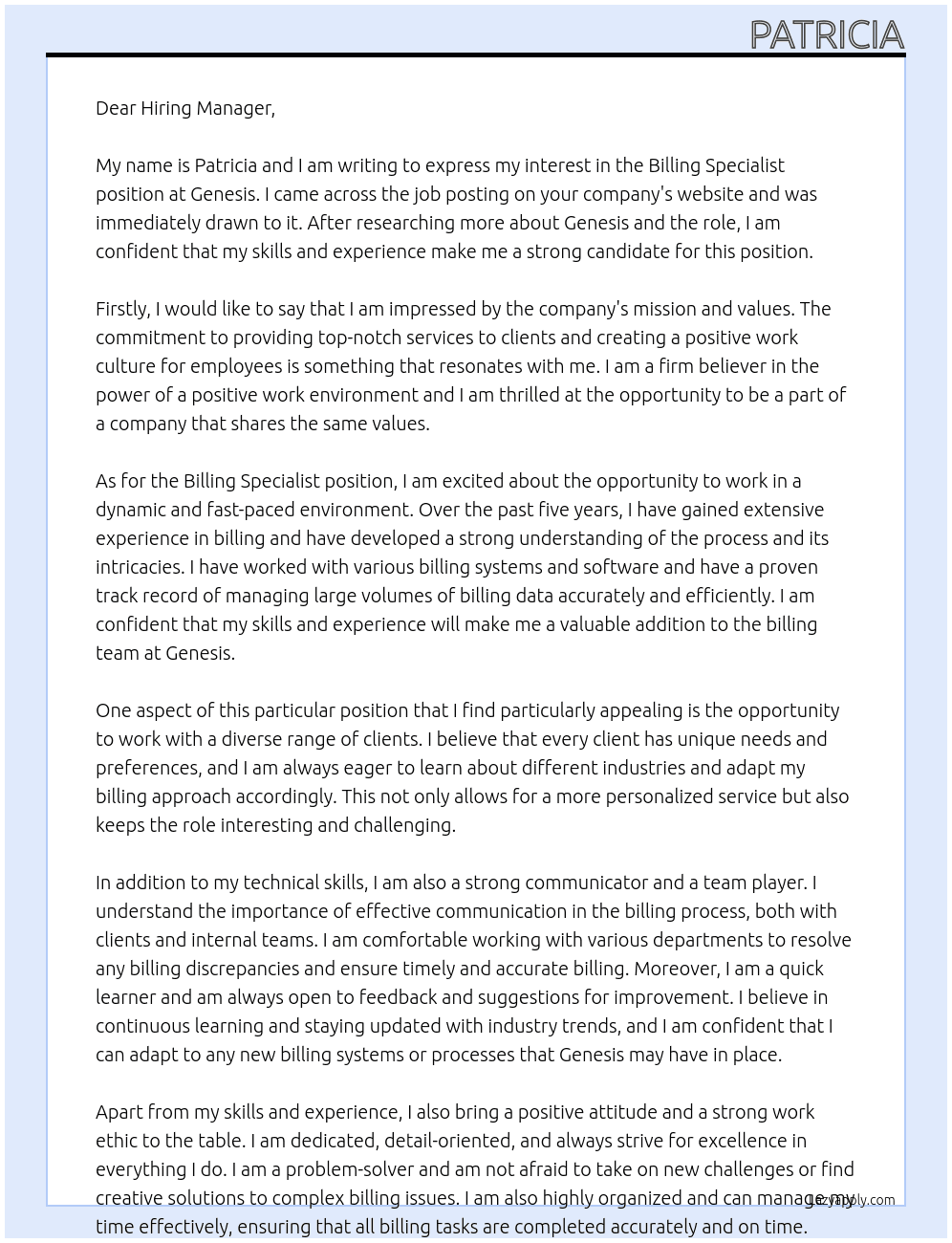 Billing Specialist At Genesis Cover Letter