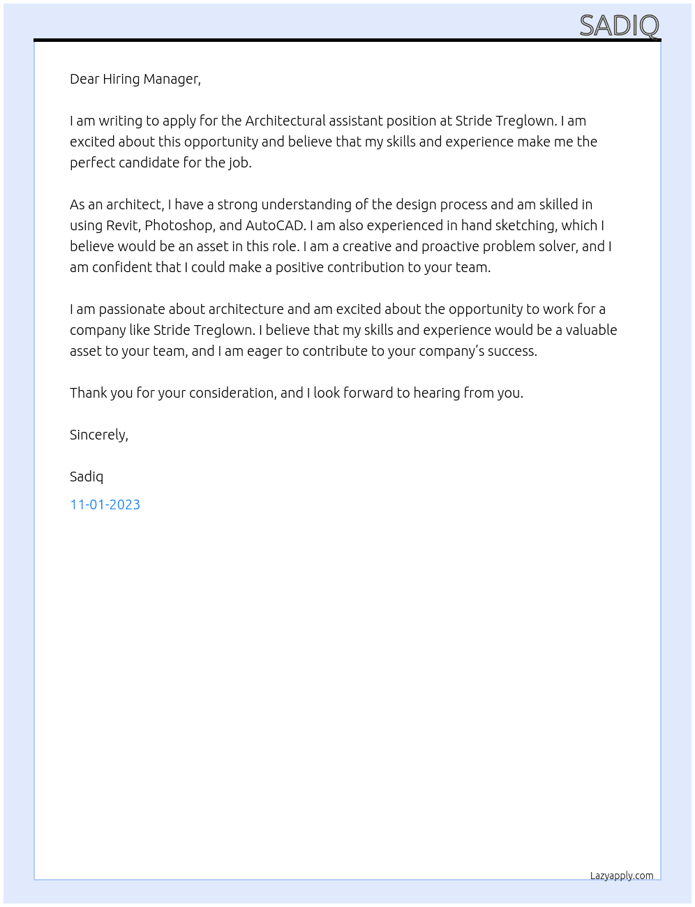 Architectural assistant At Stride Treglown Cover Letter