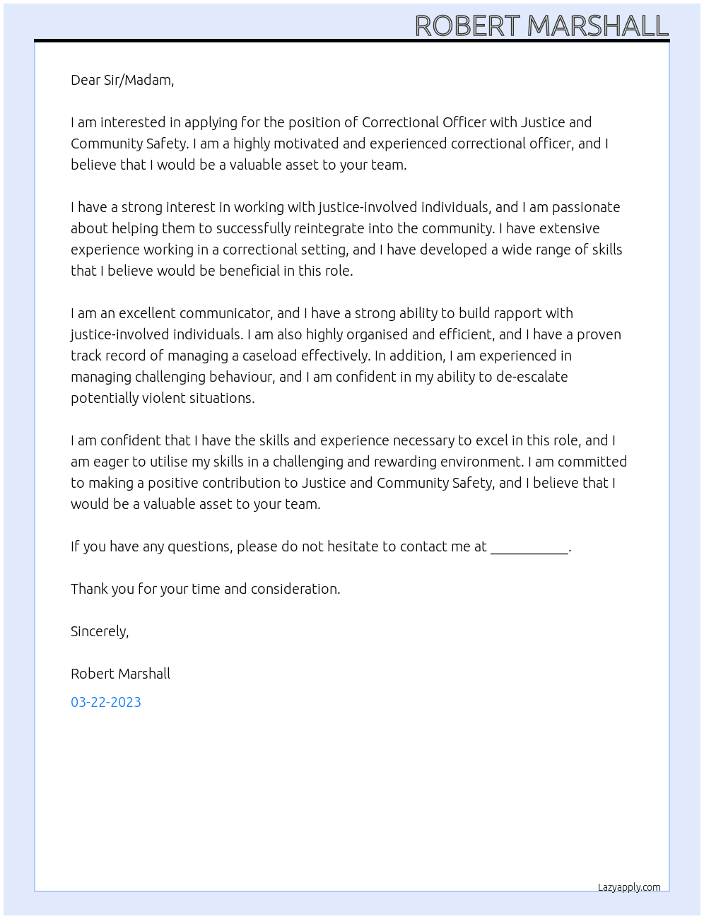 Correctional officer At Justice and Community Safety Cover Letter