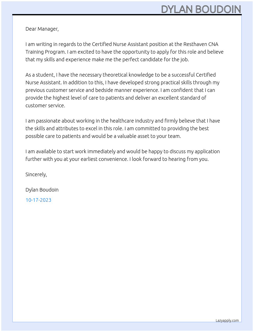 Certified Nurse Assistant Student At Resthaven CNA Training Program Cover Letter