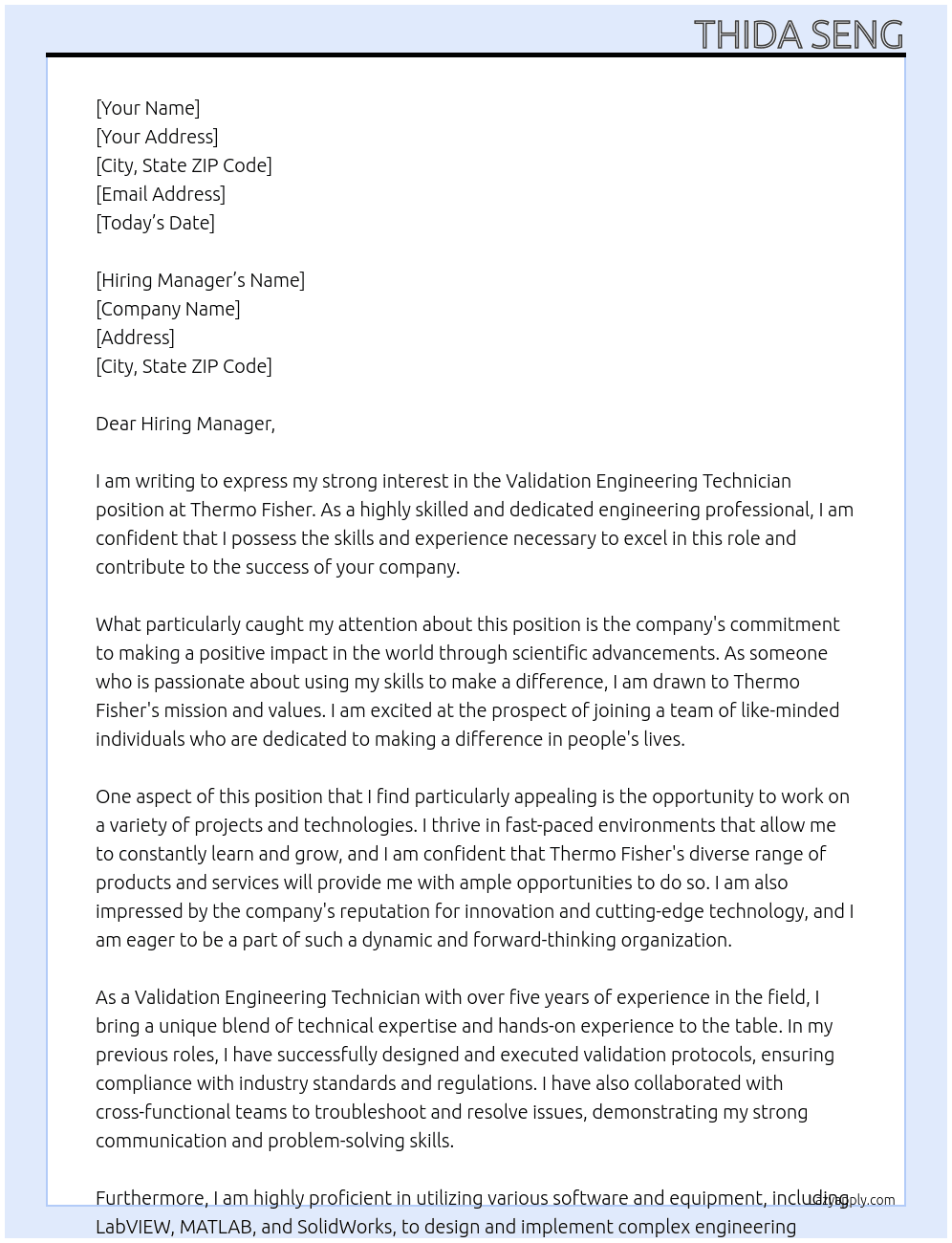 Validation Engineering Technician At Thermo Fisher Cover Letter