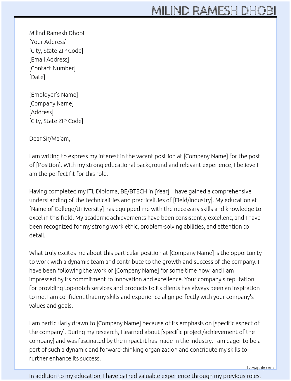  Sub-Regarding vacancy for the post  At  Dear Sir/Ma'am  Cover Letter