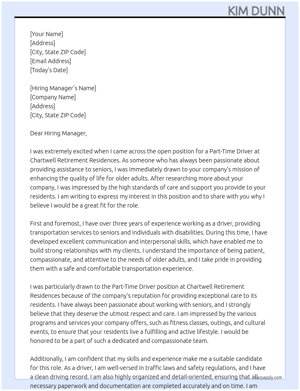 Part-Time Driver At Chartwell Retirement Residences Cover Letter