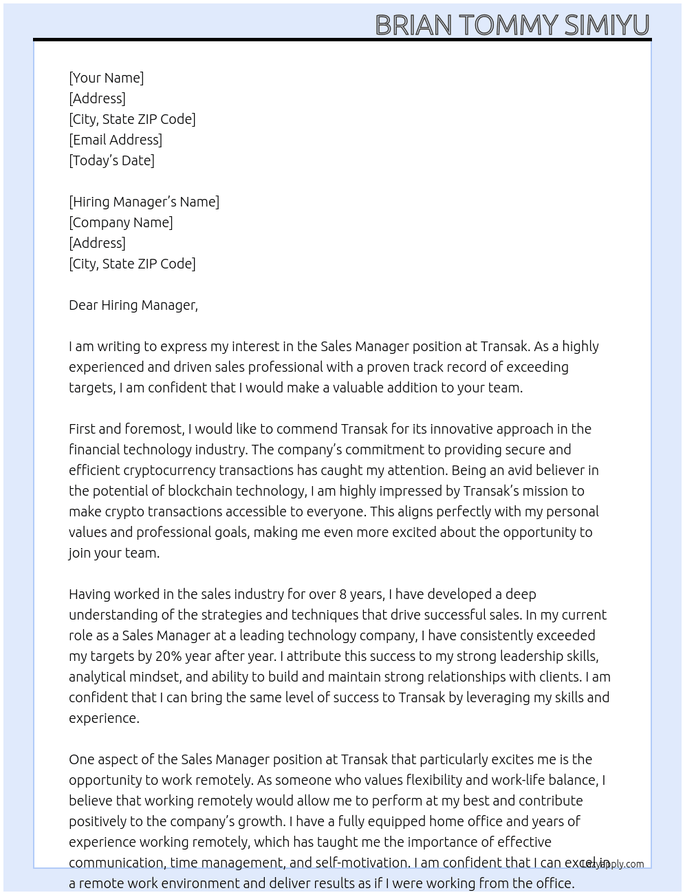 Sales Manager At Transak Cover Letter