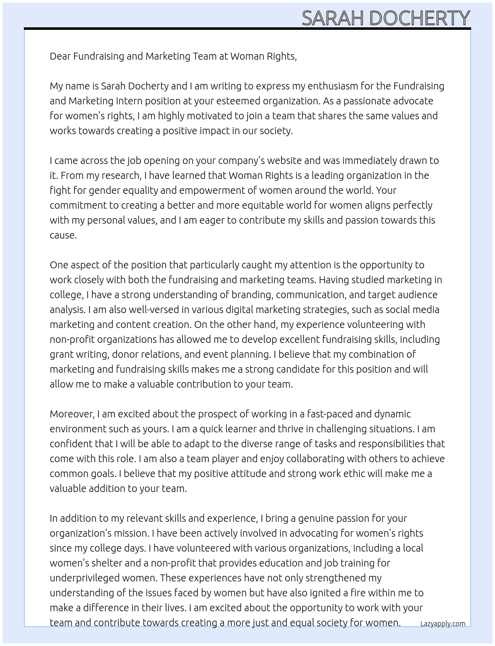 Fundraising and Marketing Intern At Woman Rights  Cover Letter