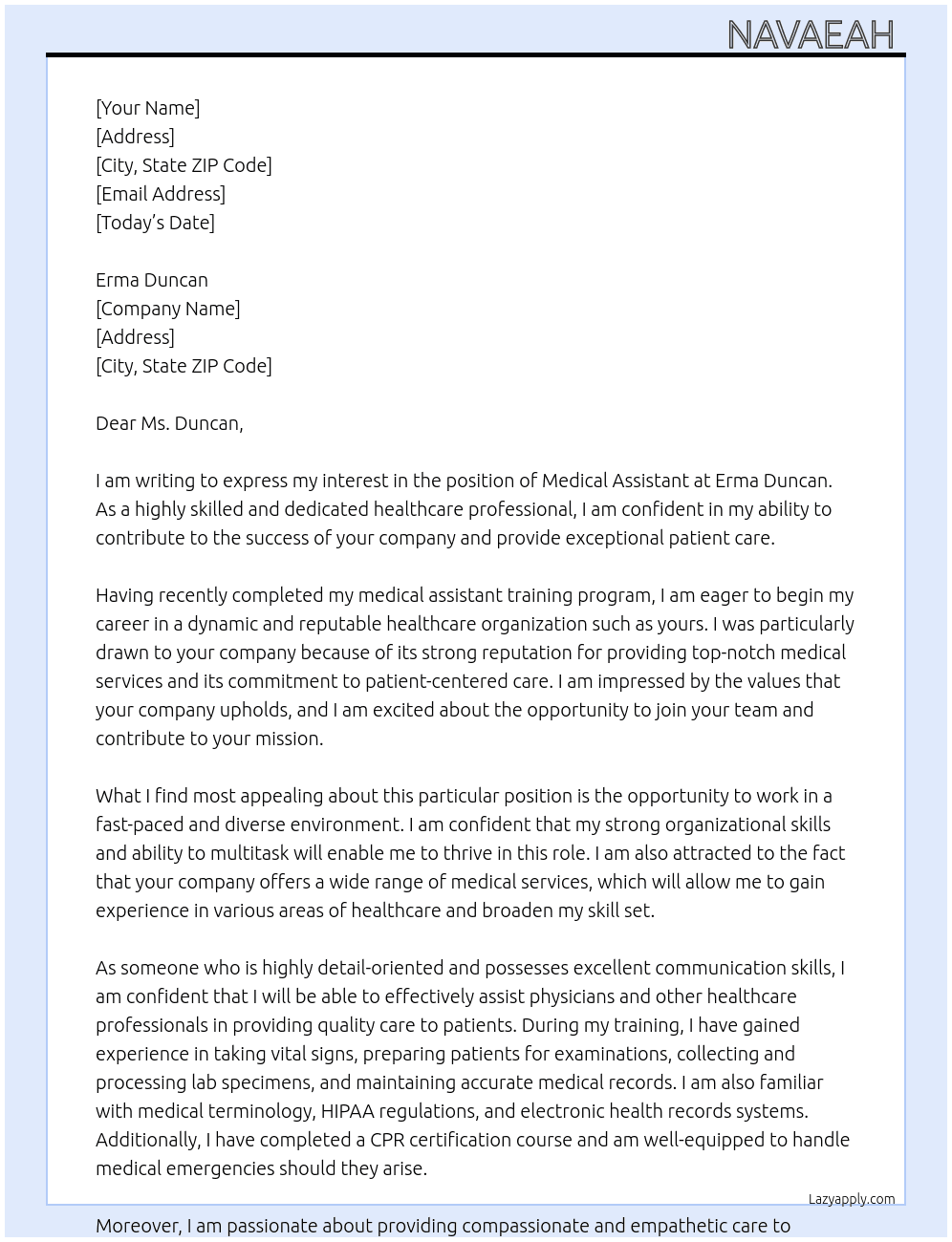 medical assistant At Erma duncan  Cover Letter