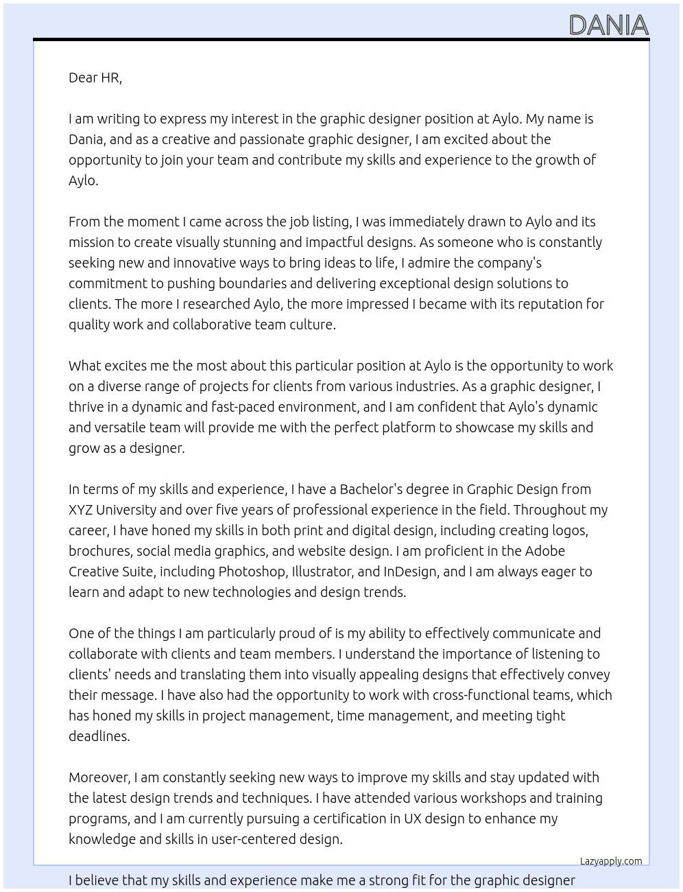 graphic designer At Aylo Cover Letter