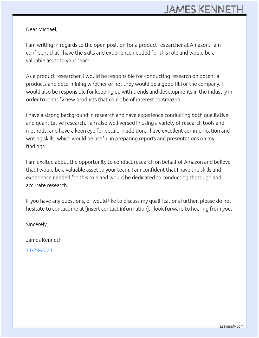 product researcher At amazon Cover Letter