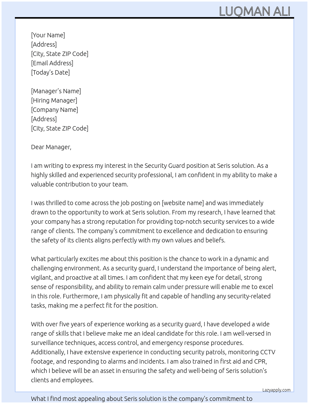 Security Guard  At Seris solution  Cover Letter