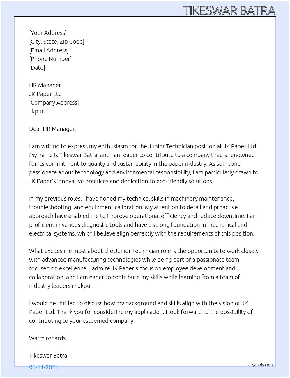 Cover letter for junior technician - LazyApply