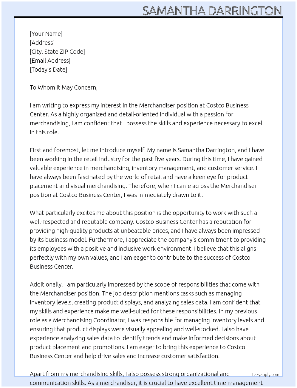 Merchandiser At Coscto Business center Cover Letter