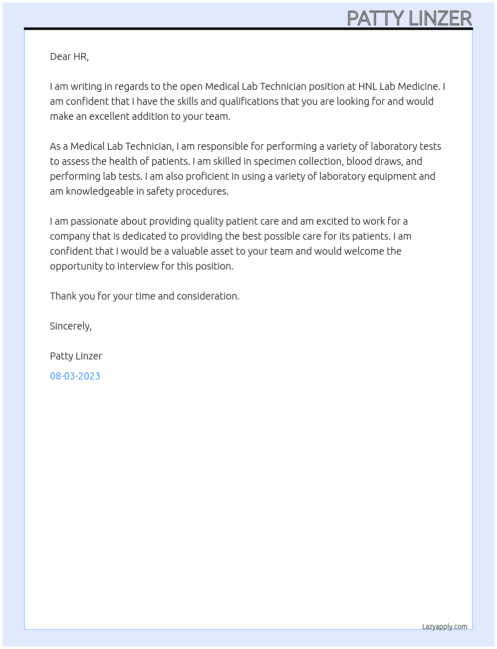 Medical Lab Technician At HNL Lab Medicine Cover Letter