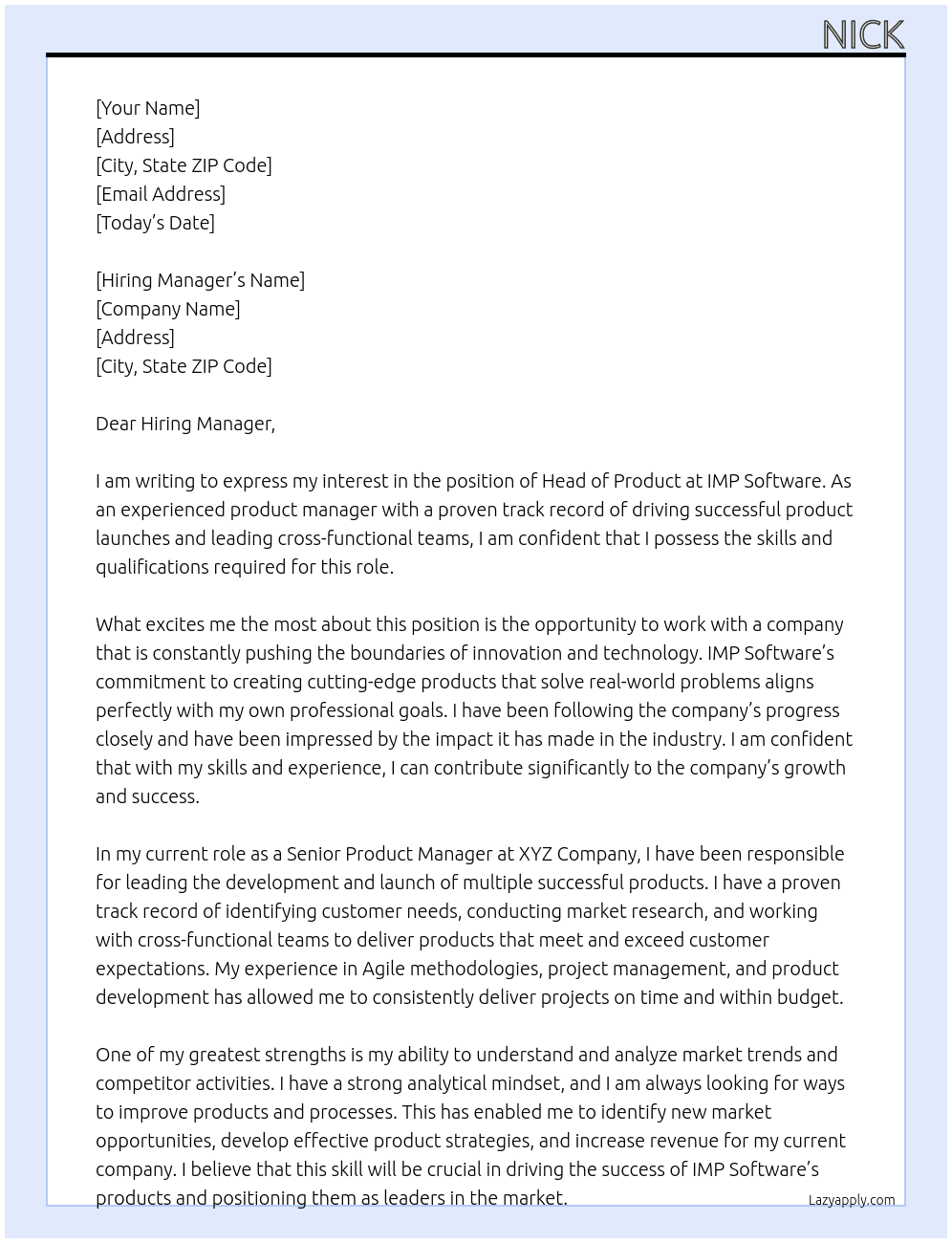 Head of Product At IMP Software Cover Letter