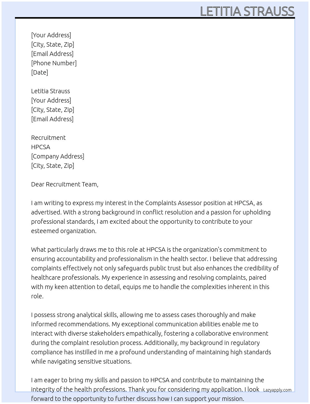 Complaints Assessor At HPCSA Cover Letter