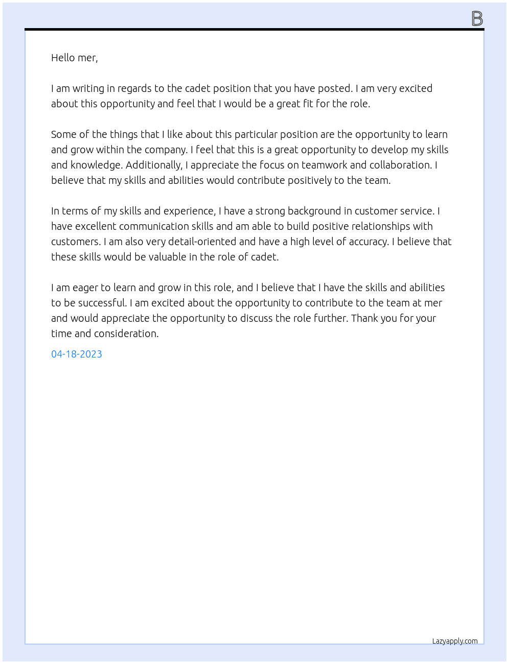 cadet At mer Cover Letter