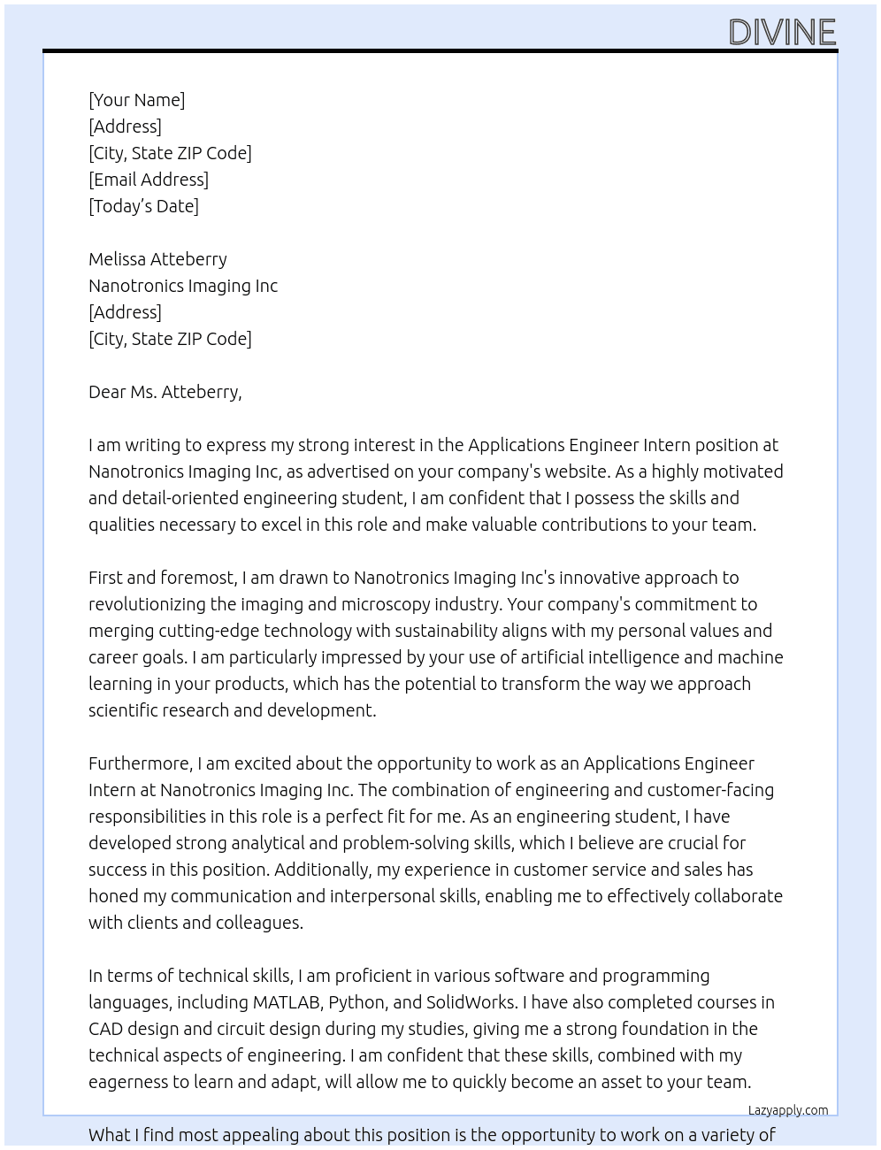 Applications Engineer Intern At Nanotronics Imaging Inc Cover Letter