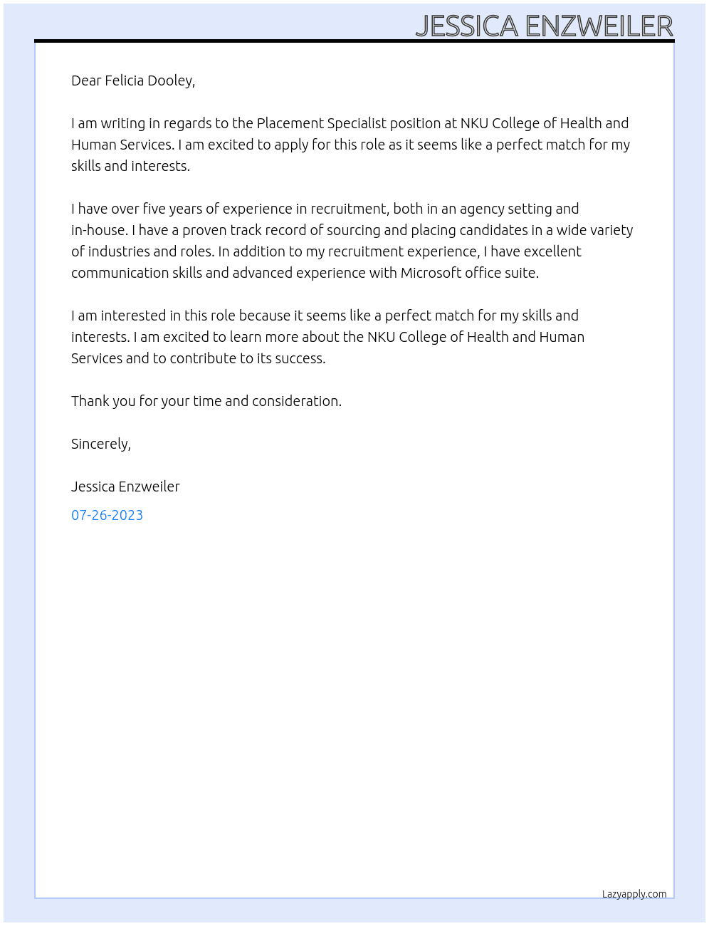 Placement Specialist At NKU College of Health and Human Services Cover Letter