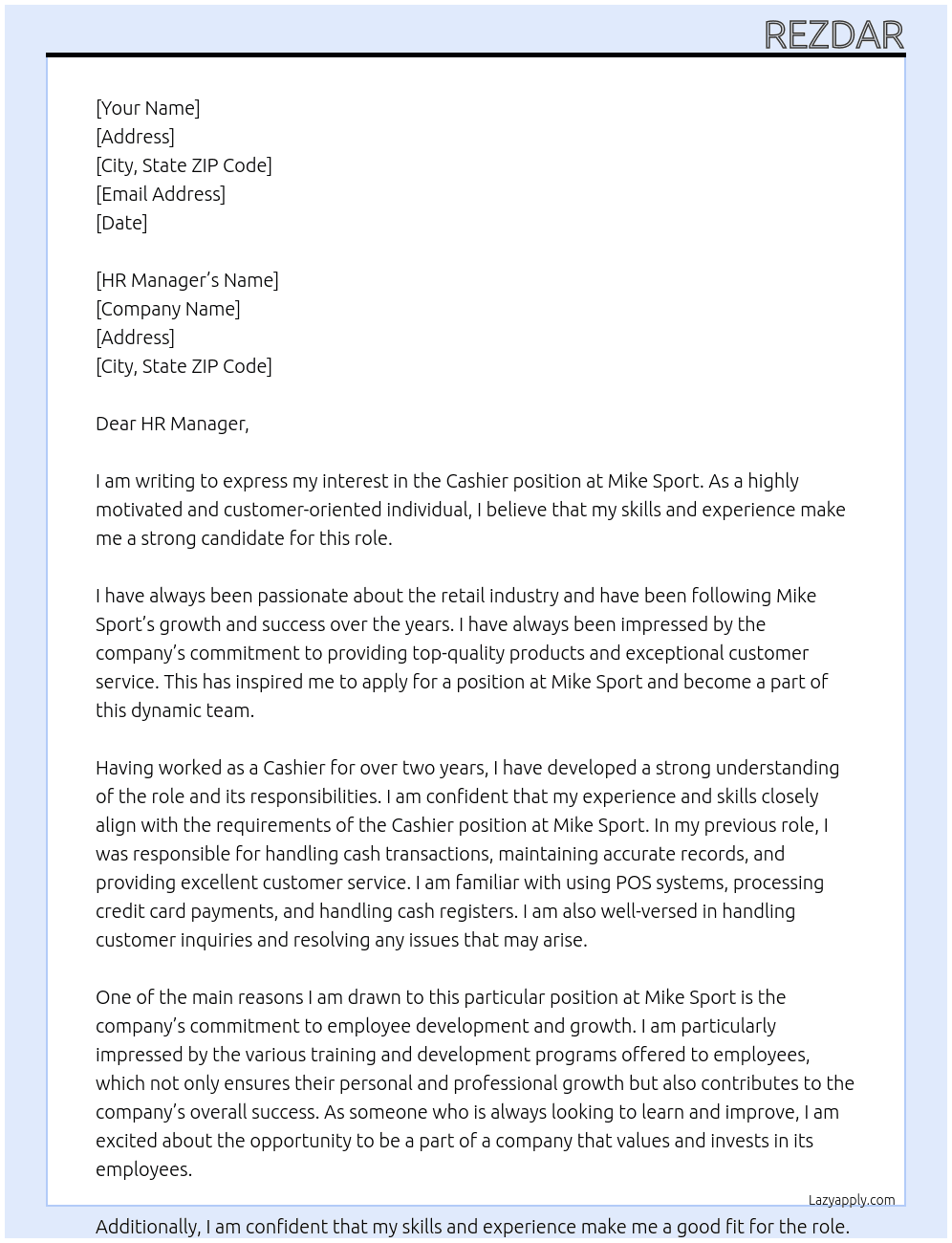 Cashier At Mike Sport Cover Letter