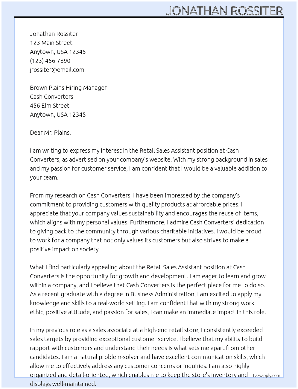 Retail Sales Assistant At Cash Converters Cover Letter