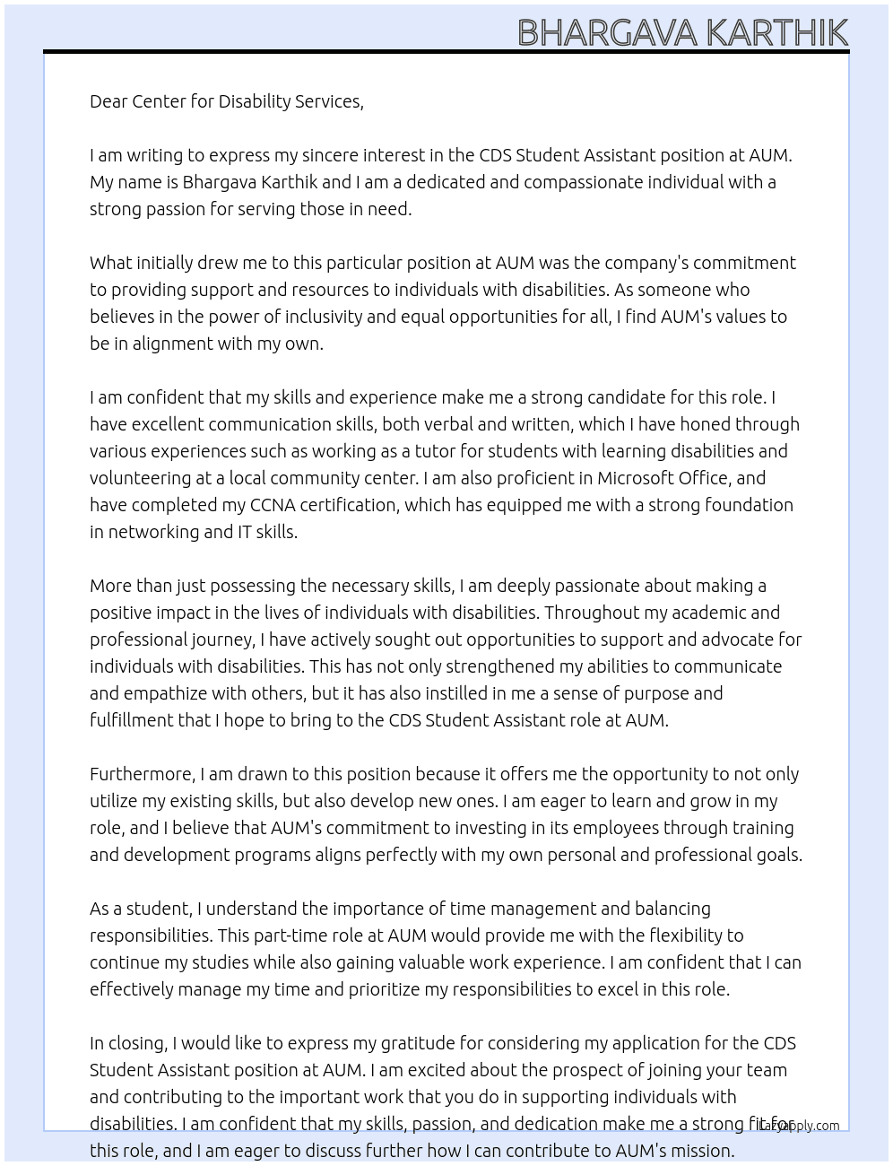 CDS Student Assistant At AUM Cover Letter