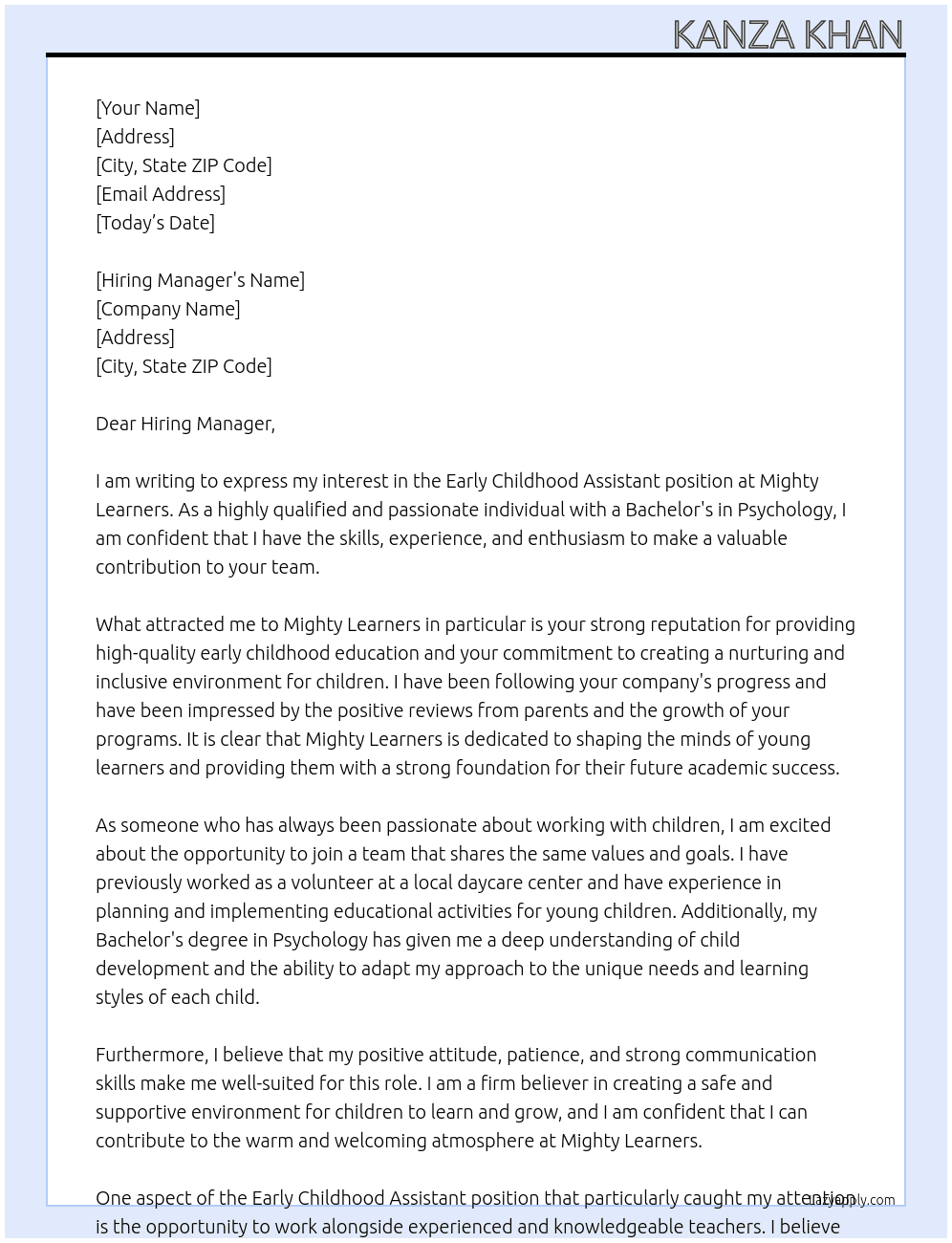 Early childhood assistant At Mighty learners  Cover Letter
