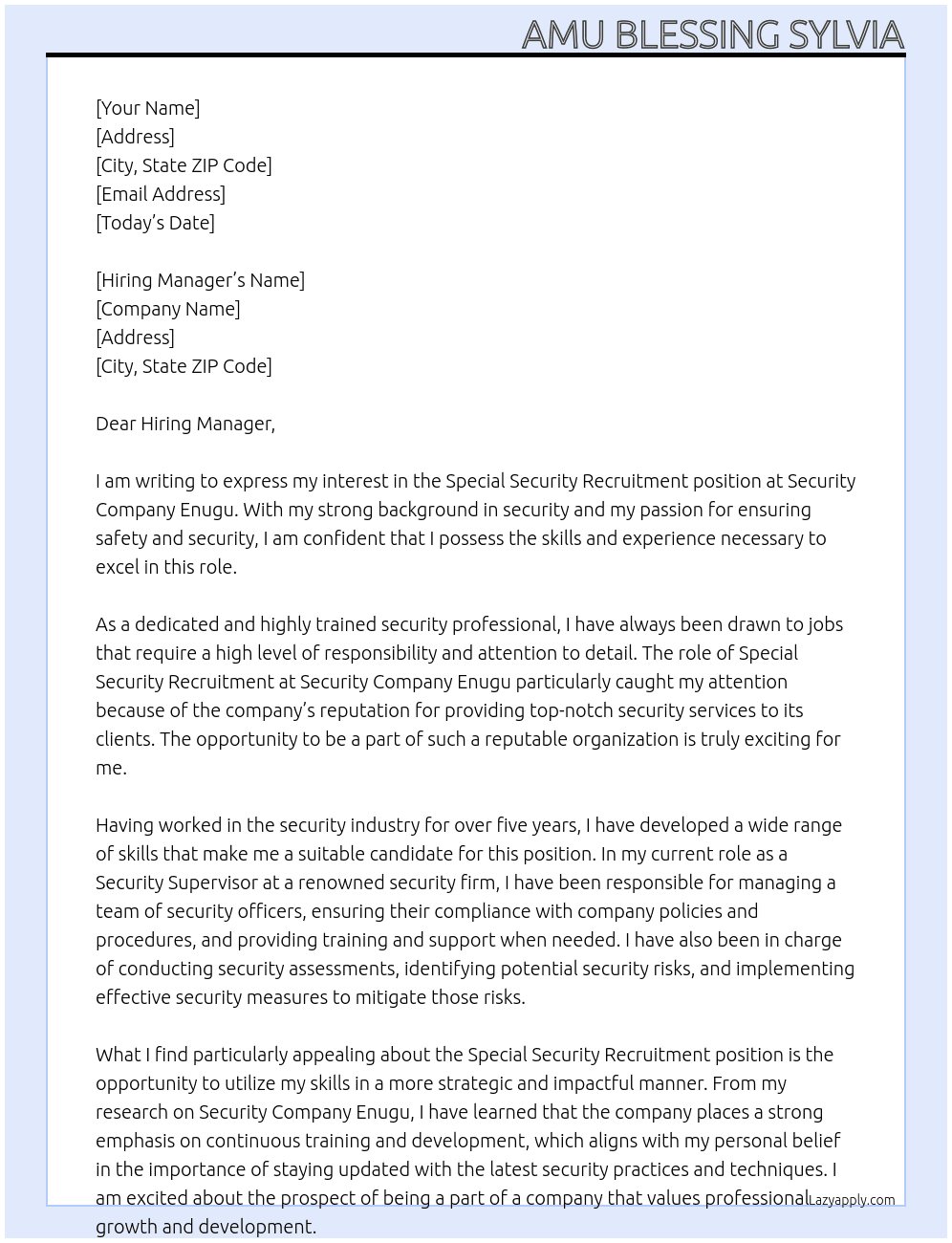 Special Security Recruitment At Security Company Enugu Cover Letter