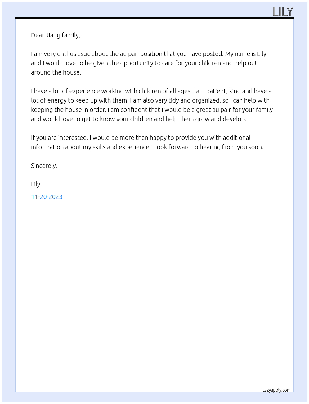Au pair At Jiang family Cover Letter
