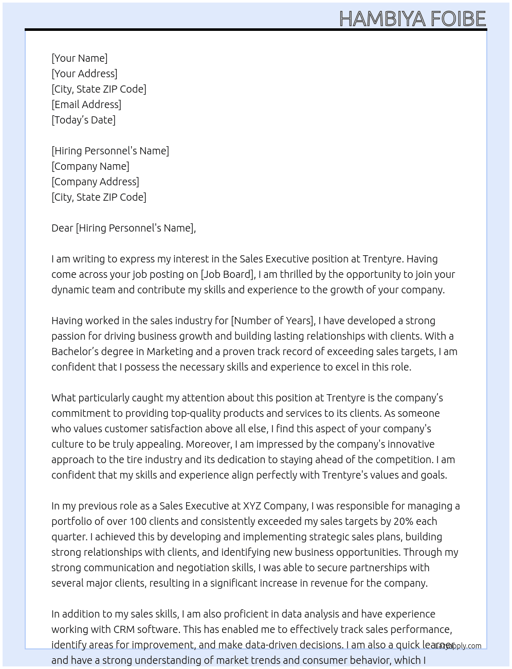 sales executive At Trentyre Cover Letter