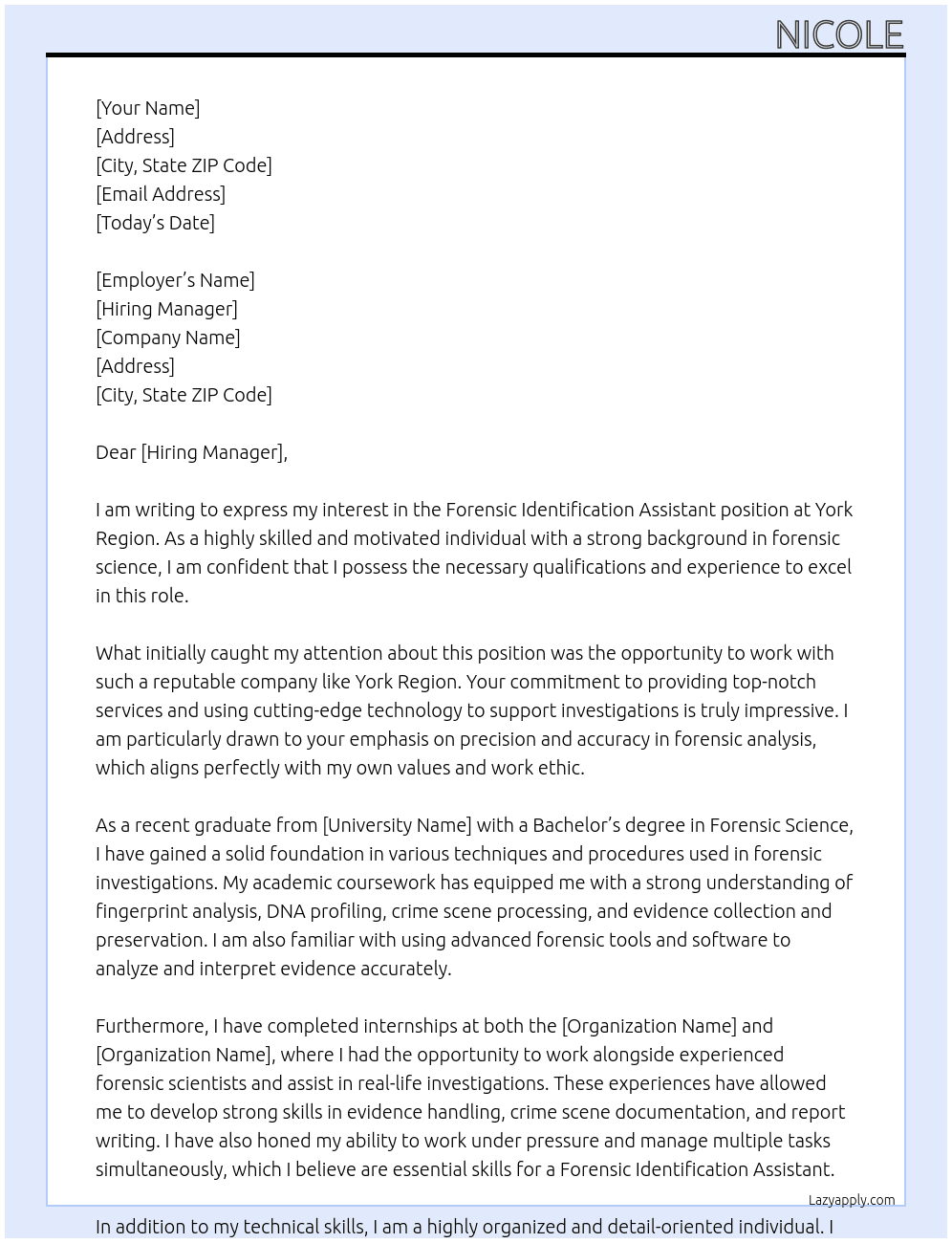 Cover letter for forensic identification assistant - LazyApply