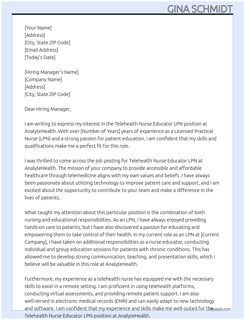 Telehealth Nurse Educator LPN At AnalyteHealth Cover Letter