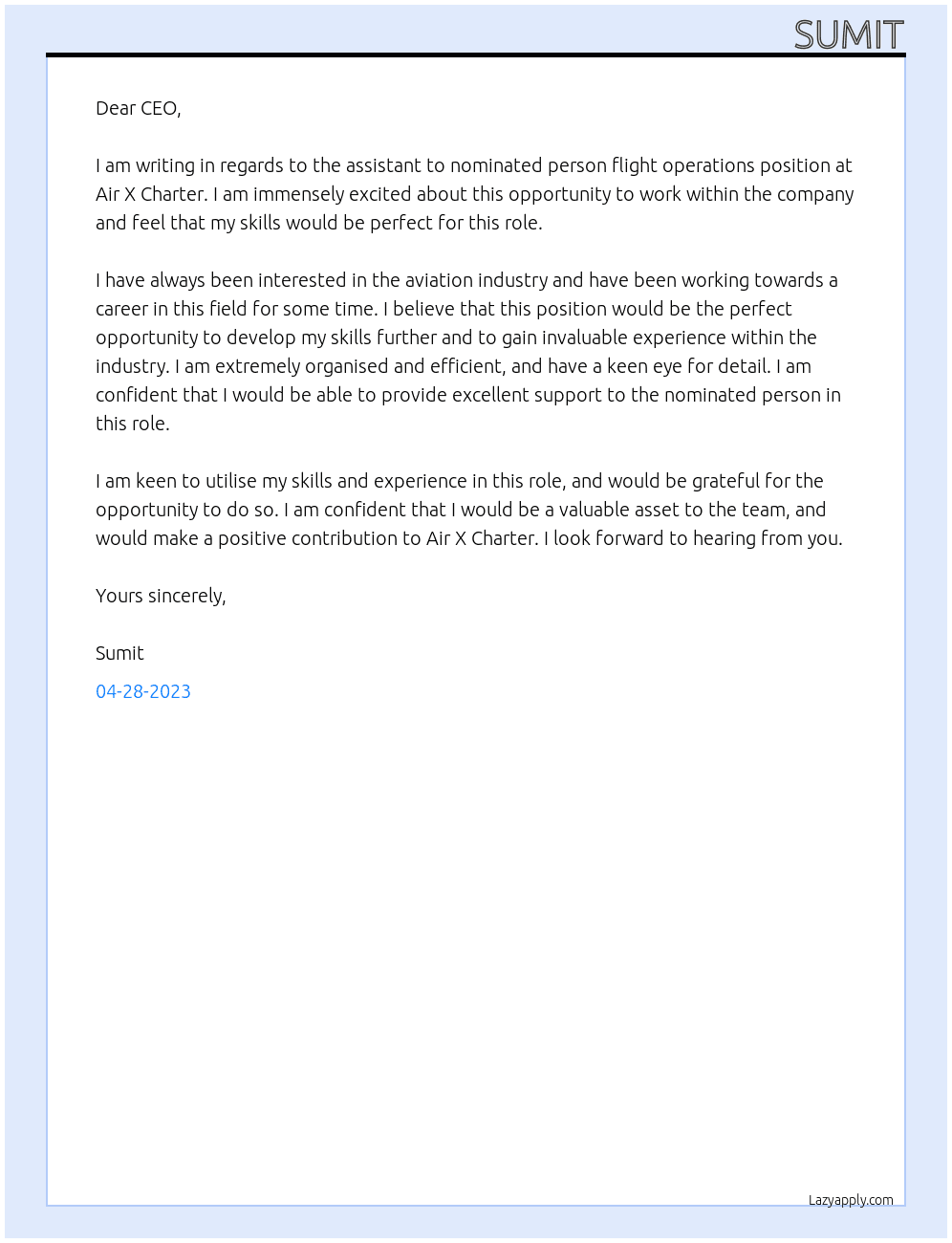 Assistant to Nominated Person Flight Operations At air x charter Cover Letter