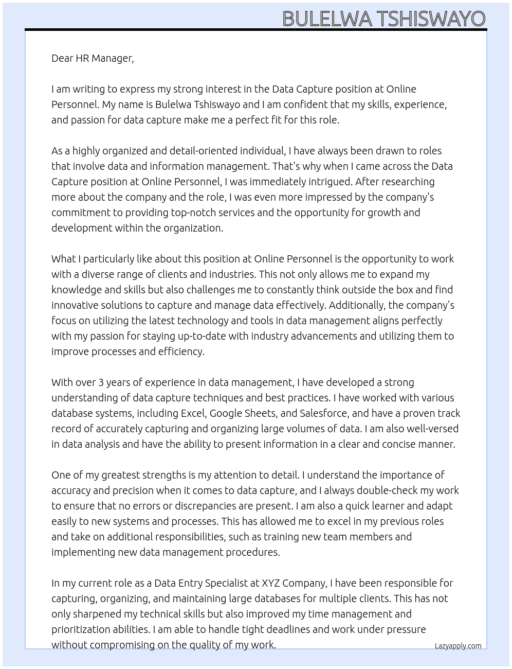 Data capture At Online personel Cover Letter