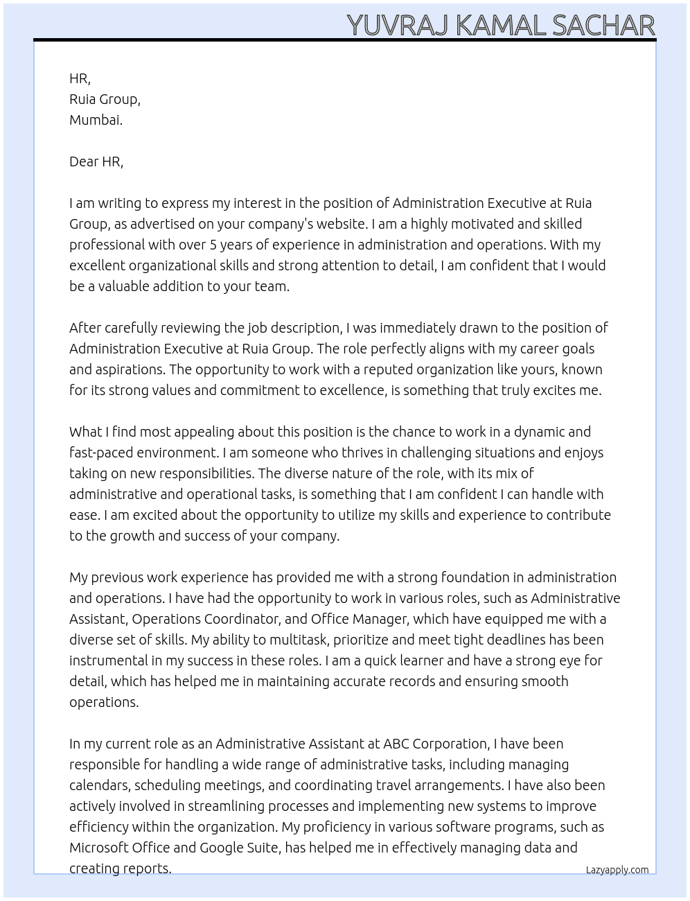 Administrtion Executive At Ruia Group Cover Letter