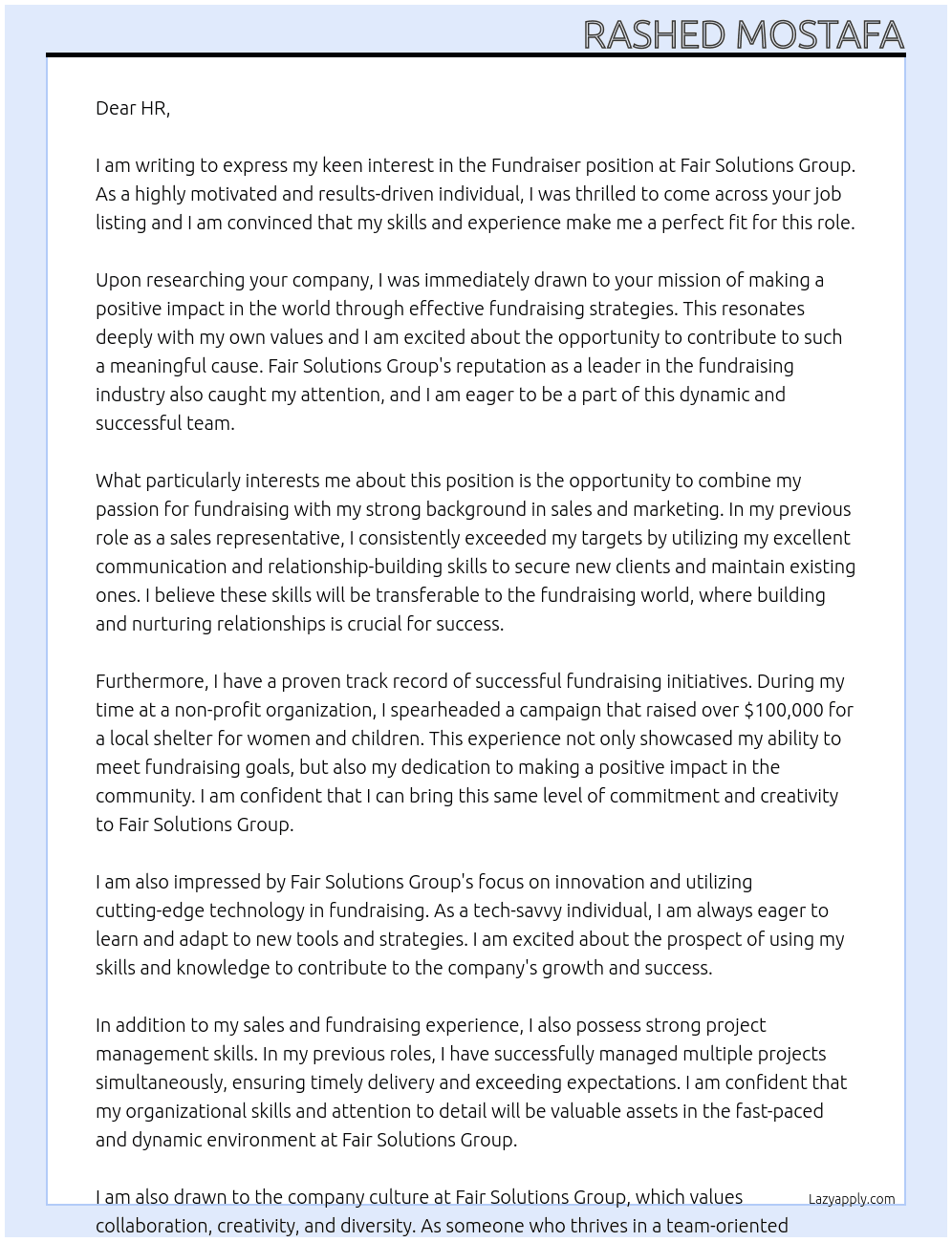 Fundraiser At Fair Solutions Group Cover Letter