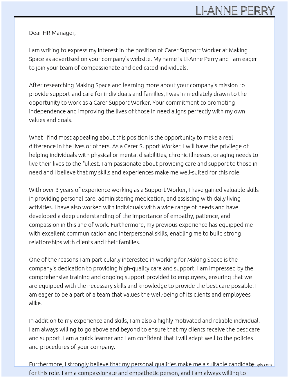 Carer Support Worker At Making Space Cover Letter