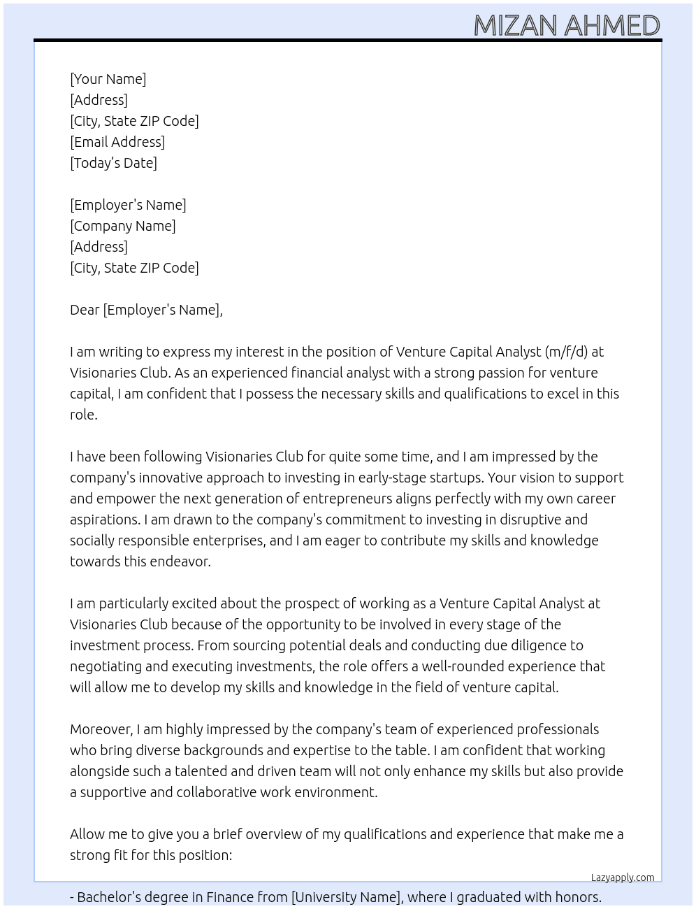 Venture Capital Analyst (m/f/d) At visionaries club Cover Letter