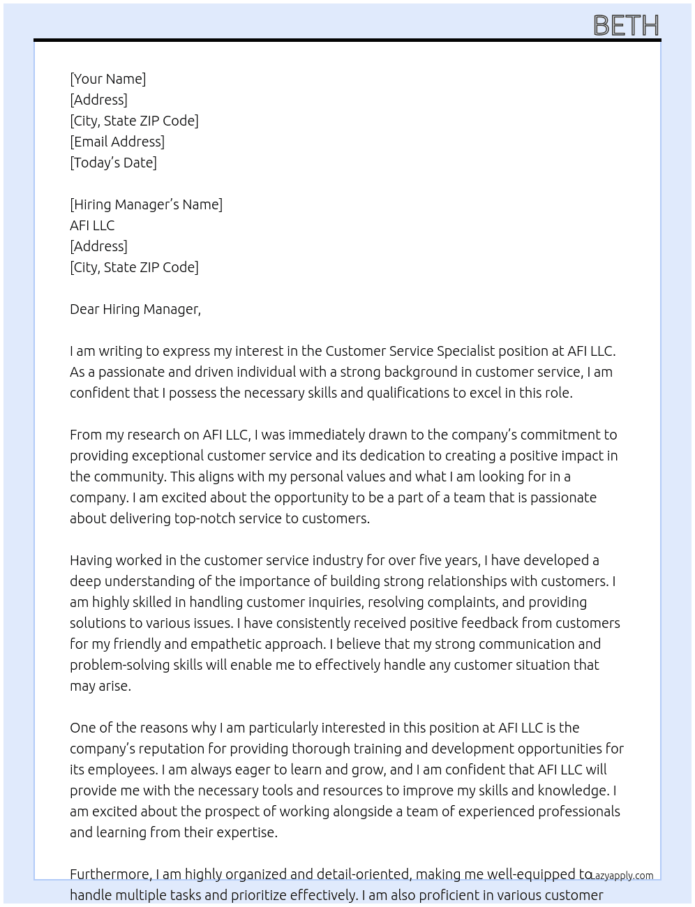 customer service specialist At AFI LLC Cover Letter