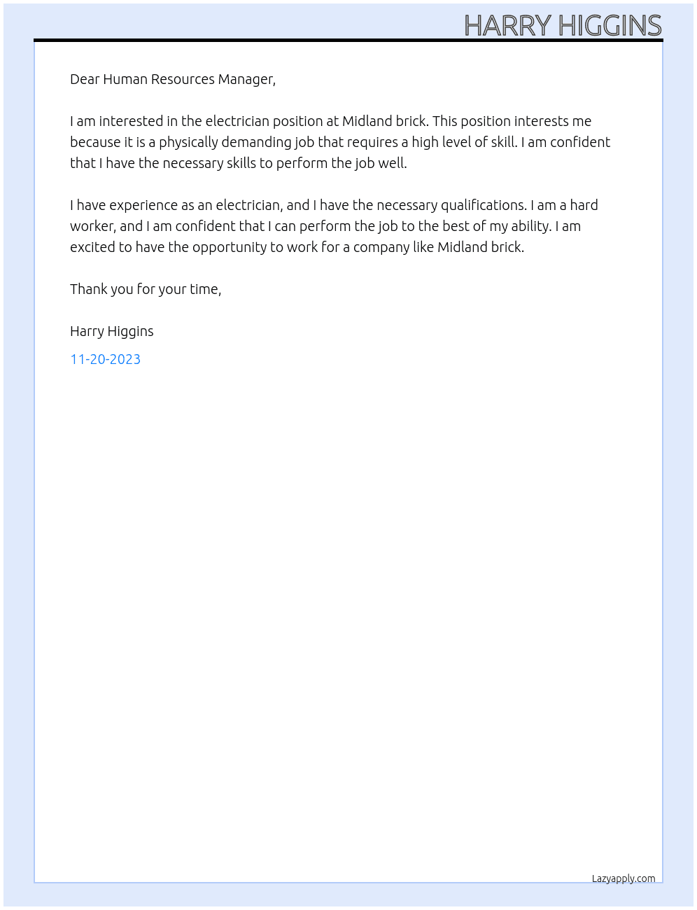 Electrician  At Midland brick Cover Letter
